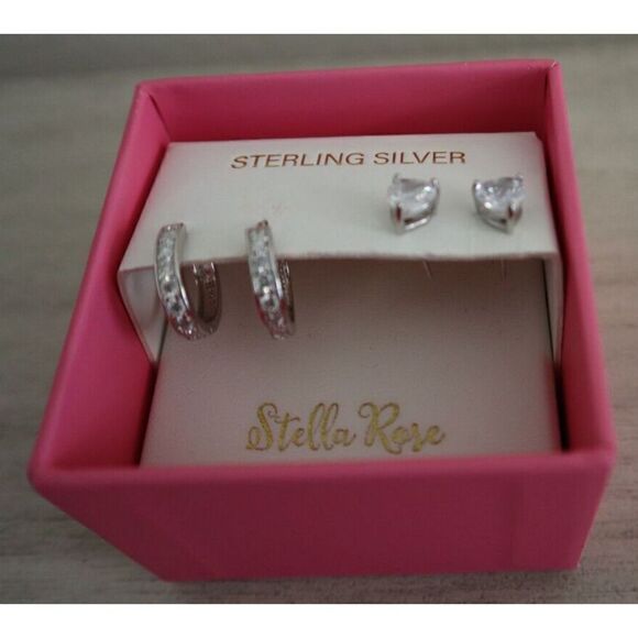 Stella Rose London Sterling Silver, 2 Set Earrings - Huggie & Heart Shaped Stud - Picture 5 of 7